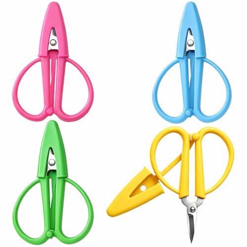 4 Pack Mini Scissors – Small Sharp All Purpose Scissors with Protective Cover, Tiny Detail Scissors for Travel, Crafts, Sewing, Embroidery, DIY (4 Colors)