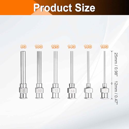 HARFINGTON 12pcs Dispensing Needle Set 8-18 Gauge 1 Inch Stainless Steel Blunt Tip Luer Connector for Refilling Glue Oil Thick Liquids Ink Lab Use (2pcs of Each Size)