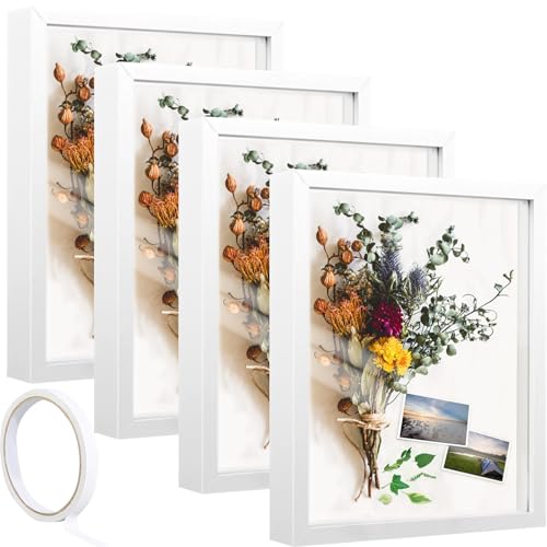 4 Pack 8*10 Shadow Box Frame, Shadow Boxes Display Cases 3D Wood Deep Shadow Box Plexiglass Shadow Boxes with Adhesive Tape for Photos, Dried Flowers, Valentines Day Handicrafts Picture Frame(White) - color: 4pcs-white, size: 8*10