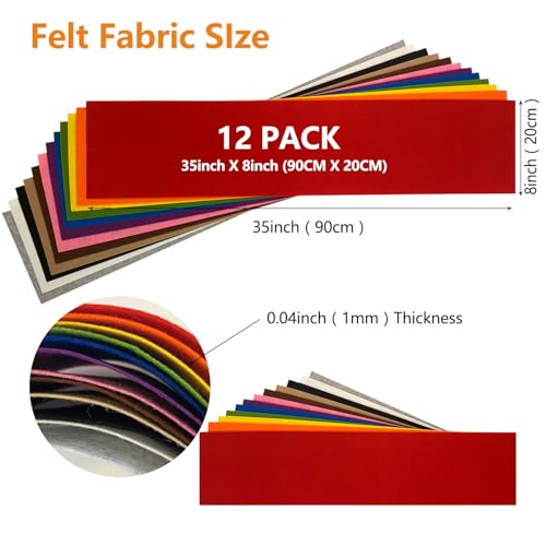 Large Stiff Felt Sheets, 1mm Felt Fabric Sheet for Crafts, 12 Rolls 8"x35"