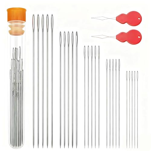 Large Eye Hand Sewing Needles (Sharps/Universal) 25-Pack - Assorted Sizes for Embroidery, Quilting, Cross Stitch with Portable Storage Box