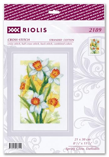 RIOLIS - Spring Glow. Daffodils 2189, Cross Stitch Kits 8¼"x11¾, Cross Stitch Kits for Adults, Counted Cross Stitch Kits, Embroidery Kit for Beginners & Advanced, Floral Crossstitching Kits - style: Spring Glow. Daffodils 2189