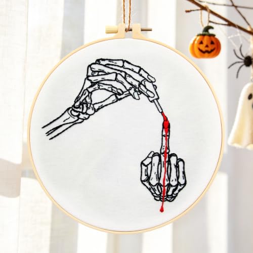 Gothic Embroidery Starter Kits for Adults Beginners, Halloween Embroidery Kits, Hand Bone Cross Stitch Kits Needlepoint Kits for Beginners Adults Woman Halloween Gifts, Embroidery Hoop, Video Tutorial - color: H2095
