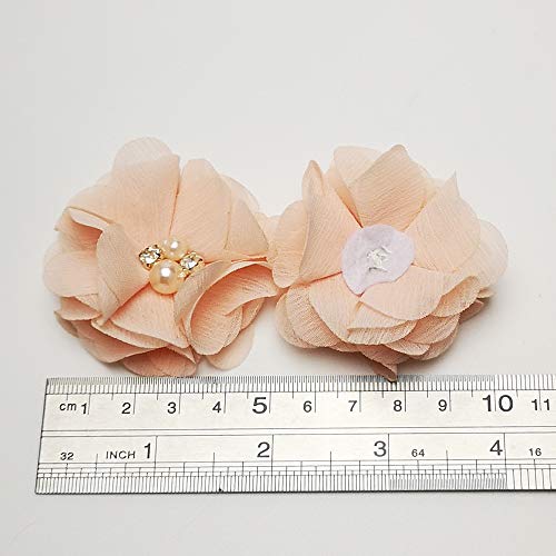 Chenkou Craft Pack of 12pcs Chiffon Flowers Ribbon Bows W/Beads 2-3/8" (60mm) Appliques Wedding Decor Bulk Lots (Peach) - color: Peach