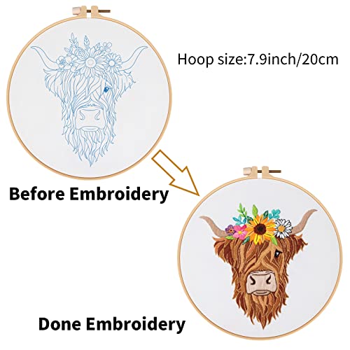Louise Maelys Highland Cow Floral Embroidery Kit for Beginners Craft - color: kit-11