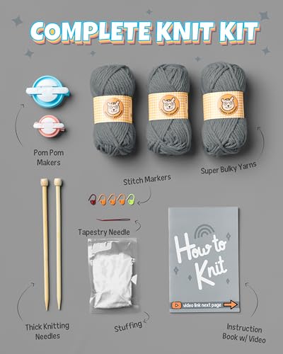 Complete Knitting Kit for Beginners - Learn to Knit Kit with Knitting Accessories Like Thick Beginner Yarn in Gray, Bamboo Needles for Beginners & More - Includes Video Tutorials & Written Guide - color: Gray