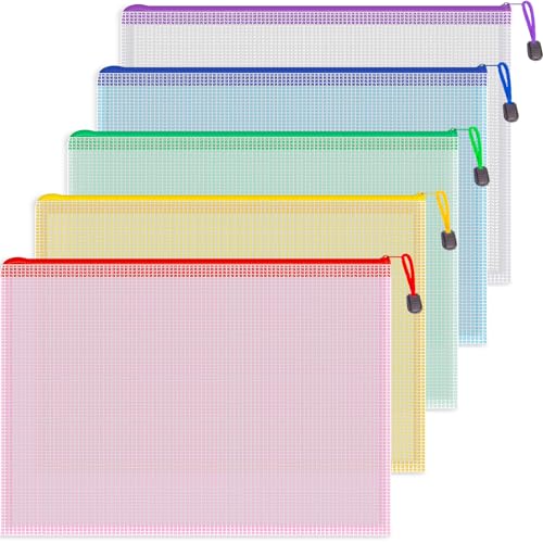 Koogel 5PCS Mesh Zipper Pouch Bags, A4, Waterproof File Folders, 5 Colors