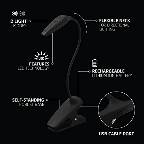 Energizer Rechargeable LED Book Light, Clip On Reading Light with Adjustable Light Modes, USB Charging Cable Included, Pack of 1, Black