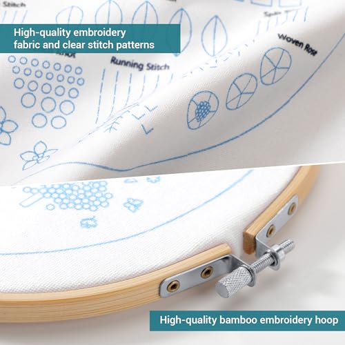 VIVIDOX 4 Sets Embroidery Kit for Beginners Adults, 35 Stitches Practice Kits Cross Stitch for Starter, DIY Hand Craft with Stamped Pattern, Bamboo Hoop, Threads, Needles, Scissors, Tools, Instruction - color: 35 Stitches Practice Kit (with 1 Hoop)