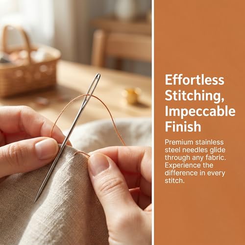 35 PCS Stainless Steel Sewing Needles Set, Large Eye Sharp Hand Sewing Needles in 7 Sizes, Leather Sewing Needles with 2 Needle Threaders and Metal Storage Case for Sewing, Craft and Embroidery
