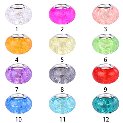 100 Pieces 14mm European Large Hole Spacer Beads Mix Color with Silver Brass Cores Assortments Charm Lampwork Beads Supplies for Necklace Bracelets Jewelry Making (Crack Transparent) - color: Crack transparent