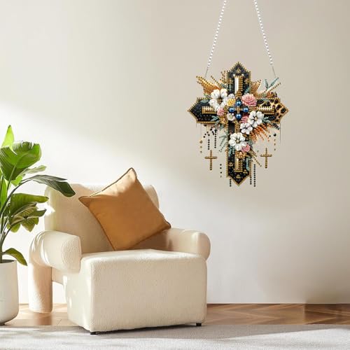 ZeeLionArt Hanging Diamonds Art kit for Adult,Cross Flowers Pendant Diamonds Painting Art Kit,6.2x7.6inch Acrylic Diamonds Painting Board Kit Ornament, Special Crystal Diamond Hanging Ornament - color: DP02452