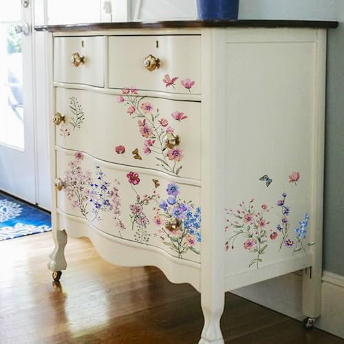Vintage Floral Rub on Transfer for Furniture Large Flower UV DTF Transfer Sticker for Wood Glass Home Decor, Summer Wild Flowers Butterfly - style: Summer Wild Flowers Butterfly