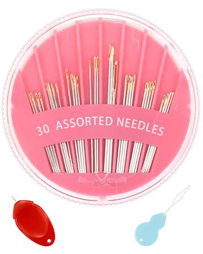 30-Count Steel Sewing Needles for Hand Sewing, 6 Sizes Large Eye Embroidery and Hand Quilting Needles Kit with Threaders for Art & Craft Projects（Pink） - color: Pink