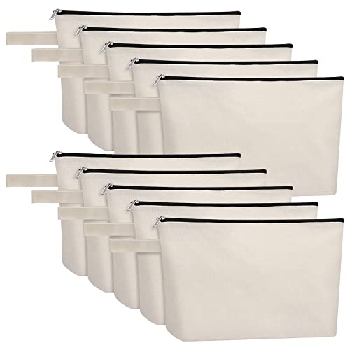 10 Pieces Cotton Canvas Makeup Bag with Bottom, Multi-Purpose Cosmetic Bag with Zipper Travel Toiletry Pouch, Blank DIY Craft Bag Pencil Bag (L, White) (MN-WB07) - color: White, size: L