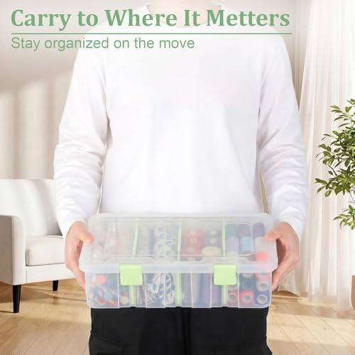 BTSKY Clear Plastic Dividing Storage Box with 4 Compartments Sewing Box - size: 13.3x8.1x3.4 Inches-Green