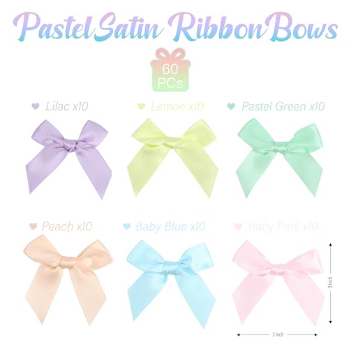 Pre-Tied Pastel Rainbow Satin Ribbon Bows for Crafts 3", 6 Colors - color: Pastel