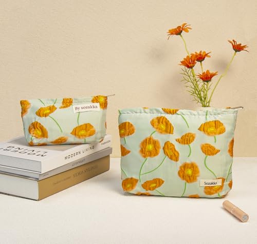 getgto 2 Pcs Makeup Bags, Large Cosmetic Bag Travel Toiletry Bag - color: Orange Flower