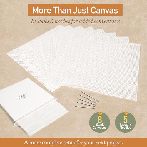 Kaitiaki 13 Mesh Needlepoint Canvas 8 x 8 Inch, 8 Pack 100% Cotton 13CT Blank White Sheets with 5 Needles, Boxed No-Fold Refill Pack for DIY Needlepoint Embroidery Crafts - color: White 13mesh-8x8 in