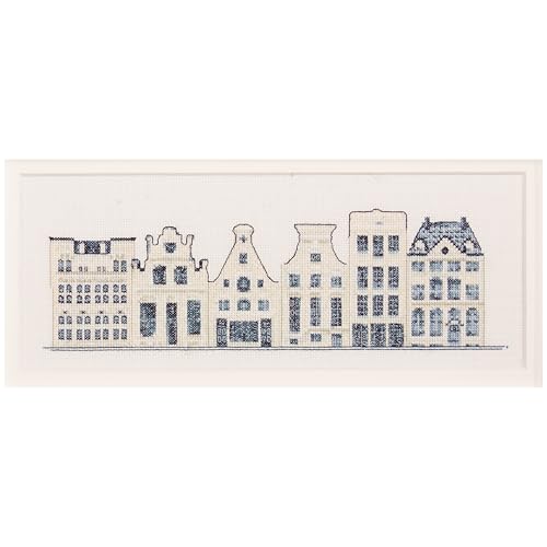 Thea Gouverneur - Counted Cross Stitch Kit - Delft Blue Houses - Aida - 18 Count - Embroidery Kit for Adults - DMC Embroidery Threads and Other Cross Stitch Supplies Included - 552A - color: Delft Blue Houses, size: 10.6 x 4.3 inches