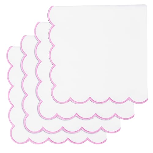 PurpleEssences Scalloped Cloth Napkins 18x18 in - White Edges Blush Pink - color: White(edges- Blush Pink)