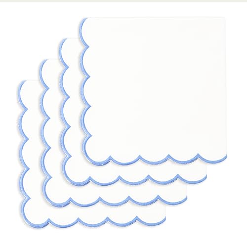 PurpleEssences Scalloped Cloth Napkins 18x18 in - White Edges Light Blue - color: White(edges- Light Blue)