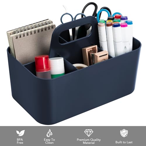 Tiawudi Multipurpose Caddy Organizer, Plastic Caddy with Handle, Stackable Desk Organizer for Stationery, Marker and Pencil, Office Supplies Organizer, Dorm Caddy - color: Dark Blue, size: Rectangle