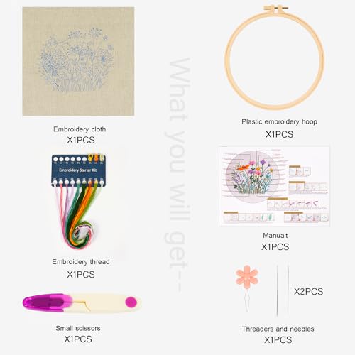 MAMUNU Embroidery Kit for Beginners Adults, Cross Stitch Kits, Stamped Cross Stitch Kits, Flower Embroidery Kit with Printed Embroidery Cloth, Embroidery Hoop, Color Threads and Tools - color: Floral