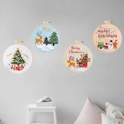 Huacan Embroidery Kits for Adults Beginner 4 Pcs Stamped Christmas Tree Pattern Stitching DIY Sewing Kit 7.9 x 7.9 Inch - color: Christmas Tree 1