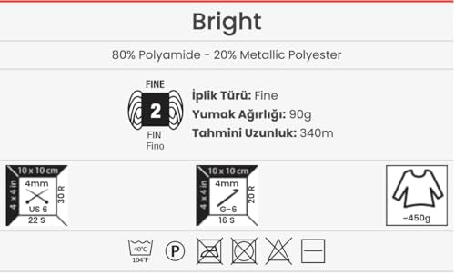 YarnArt Bright Metallic Glitter Yarn – 80% Polyamide 20% Metallic Polyester, 90g 340m, Soft Sparkle Fiber for Crochet, Lace, Summer Tops & Accessories – 4 mm Needle & Hook (235, Light Silver) - color: 235, Light Silver