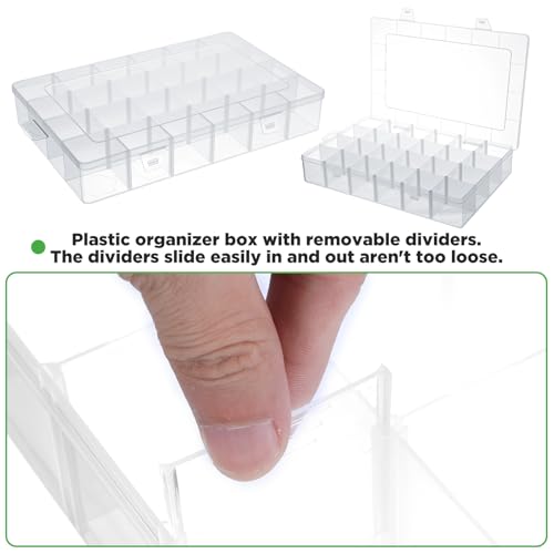 2 Pack 24 Grids Clear Plastic Bead Organizer Box, Fishing Tackle Box Compartment Organizer with Adjustable Dividers for Jewelry, Art Craft, Bead Storage Containers