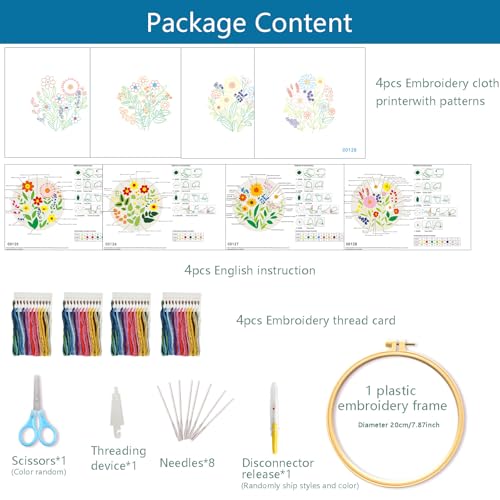 Zhenqing 4-Piece Floral Embroidery Kit for Beginners - Complete Set with Sunflower, Daisy Designs & Pre-Printed 29x29cm Cotton Fabric, Hoop, Threads & Tools(C0166) - color: C0166