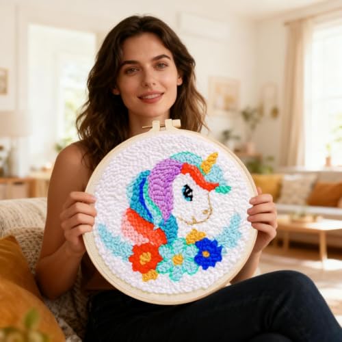 Punch Needle Kit for Beginners Adults-Rainbow Horse,with Video Tutorial - color: Punch Needle kit with-1218-3