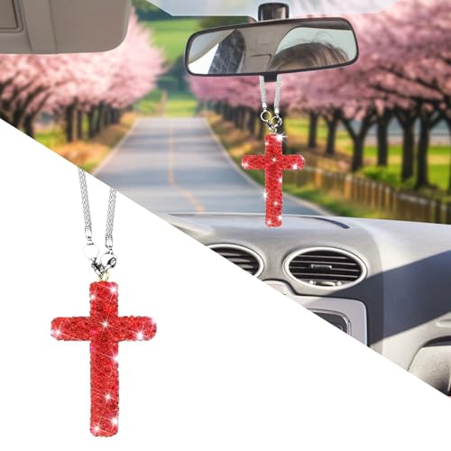 Bling Car Rear View Mirror Accessories Hanging Pendant,Cross Crystal Rhinestone For Car Mirror Hanging,Double-Sided Cross Diamond Religious,Interior Men Women Car Accessories - color: Red
