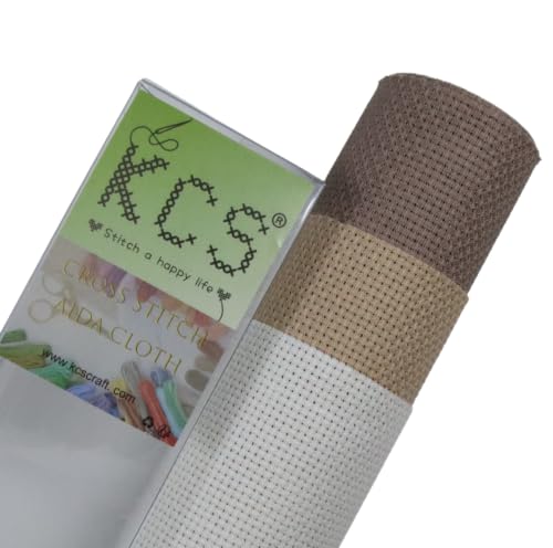 KCS 3 pc of 15" x 18"(38cmx45cm) 16 Count Cross Stitch Cotton Aida Cloth Needlework Rolled Fabric Box,16CT,Antique White +Coffee+Khaki - color: Antique White +Coffee+khaki, size: 16CT