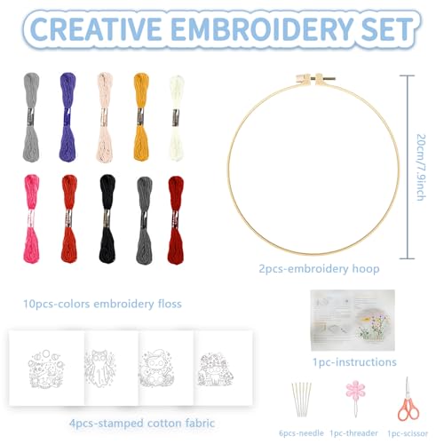FREEBLOSS 4 Sets 11.6" Embroidery Kit for Beginners Needlepoint Embroidery Starter Kit with Halloween Stamped Patterns, Instructions, Colored Threads, 2 Hoops - style: Halloween