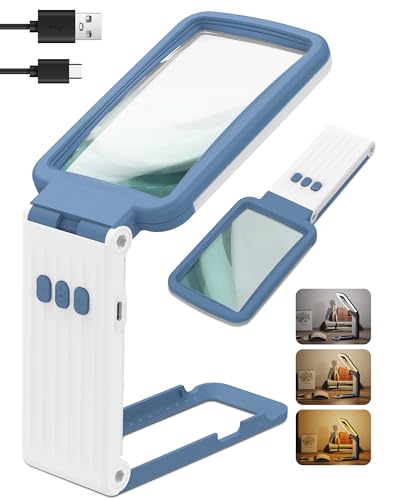 15X Magnifying Glass with Light and Stand, Rechargeable Folding Handheld Real Glass Magnifier, 3 Color Modes Dimmable Lighted Page Magnifying Sheet for Seniors Low Vision Small Prints - Blue White - color: Blue-white
