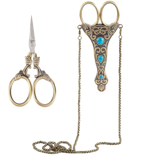 SUNNYCLUE 4 Inch 1pc European Scissors Small Sewing Scissor Chains Turquoise Embroidery Style Stainless Steel Necklace Blade Shears for Cutting Fabric Needlework Tools Craft Supplies Women Adult - style: 0