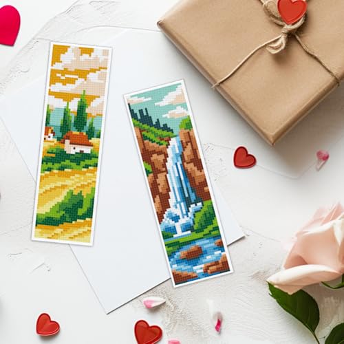 ACRNIGHEET 6pcs Cross Stitch Bookmark Kits, Landscape DIY Cross Stitch Bookmarks, Embroidery Bookmark Cross Stitch Kits with Scenery Pattern, Stamped Cross Stitch Kit Bookmark for Beginners Adults - style: Mountain and river patterns