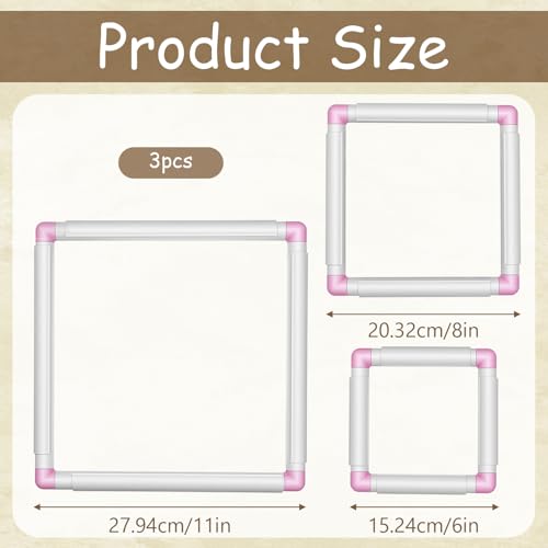 3 Pcs Square Embroidery Hoops, Embroidery Snap Frame, Plastic Cross Stitch Snap Frames, DIY Sewing Tool for Cross Stitching, Quilting, Needlepoint(6"x 6", 8" x 8", 11" x 11")