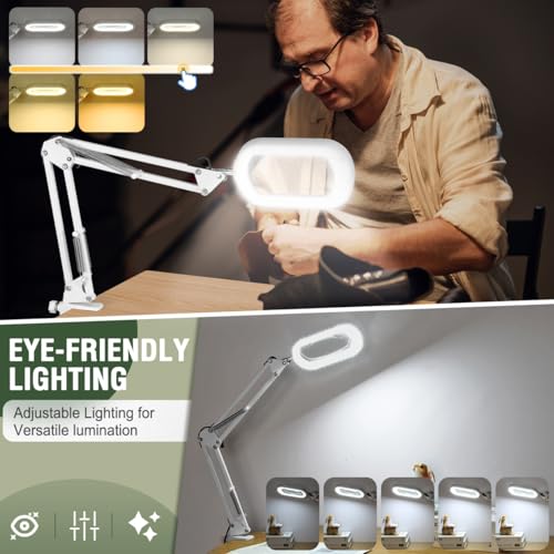 Veemagni 12X Rectangle Magnifying Glass with Light and Stand, 5 Color Modes Stepless Dimmable, 2-in-1 LED Lighted Desk Lamp & Clamp, Hands Free Magnifier for Reading Crafts Painting Close Work - White - color: White