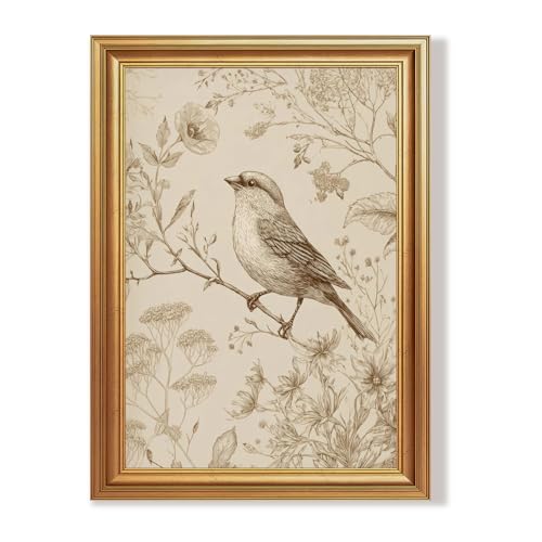 Wojuin Antique Style Sparrow Floral Etching Framed Canvas Wall Art 16x24 in - color: Sparrow, size: 24"L x 16"W