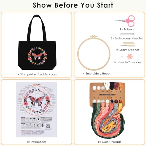 ERKOON Embroidery Canvas Tote Bag for Beginners, Floral Arts Crafts Cross Stitch Kits for Adults Including Stamped Embroidery Bag with Hoops, Needle, Instruction and Color Threads (Butterfly) - color: Butterfly