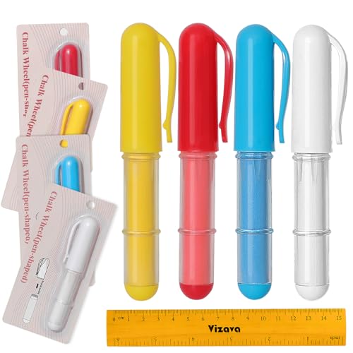 Fabric Chalk Markers for Sewing,Quilting,Crafting|Erasable Tailor Chalk|Work on Various Fabrics|Dosing Wheel Drawing Intricate Patterns Precise Lines-Per Pack(Red,Yellow,Blue,White and 1Ruler)