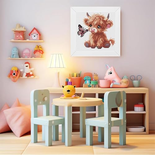 Cattle Stamped Cross Stitch Kits for Adult Beginner with Wooden Frame - color: Highland Cattle