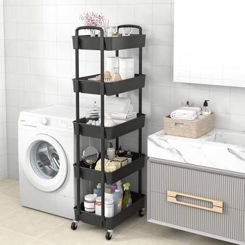 Sywhitta 5-Tier Plastic Rolling Utility Cart with Wheels,Black - color: Black, size: 5-tier