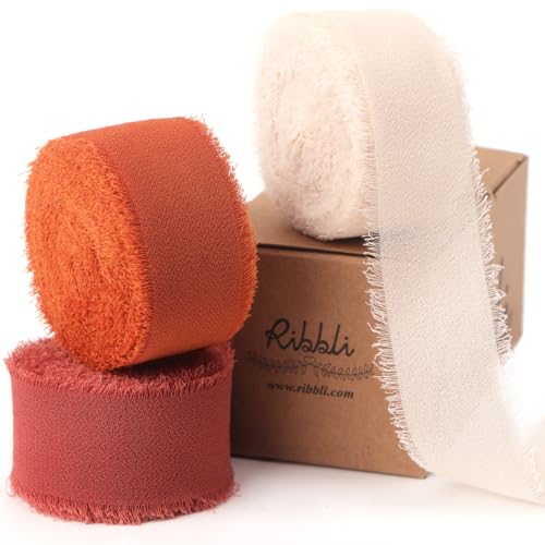 Ribbli Fall Chiffon Silk Ribbon 1Inch x 24 Yard Champagne/Terracotta/Rust Red Fringe Chiffon Fall Ribbon for Wedding Invitations, Bridal Bouquets Wrapping, Flower Arrangement Decoration - color: Champagne/Terracotta/Rust Red