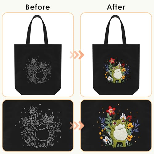 ERKOON Canvas Tote Bag Embroidery Kit for Beginners, Needlepoint Arts Crafts Cross Stitch Kits for Adults Including Stamped Embroidery Bag with Hoops, Needle, Instruction and Color Threads (Frog) - color: Frog