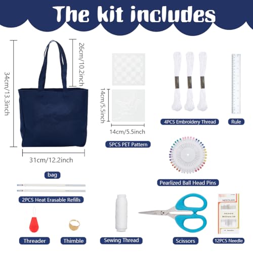 FREEBLOSS Embroidery Handbag Kit Tote Bag Embroidery Kit Sashiko Kit Cross Stitch Bag Set for Art Craft Project Embroidery Bag Kit for Beginners Hand Sewing Kit with PET Template 34 * 31 * 12cm