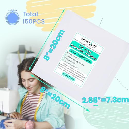 Craftido 8"x8" 150 Sheets Cut Away Embroidery Stabilizer - size: 8"x8" 150sheets